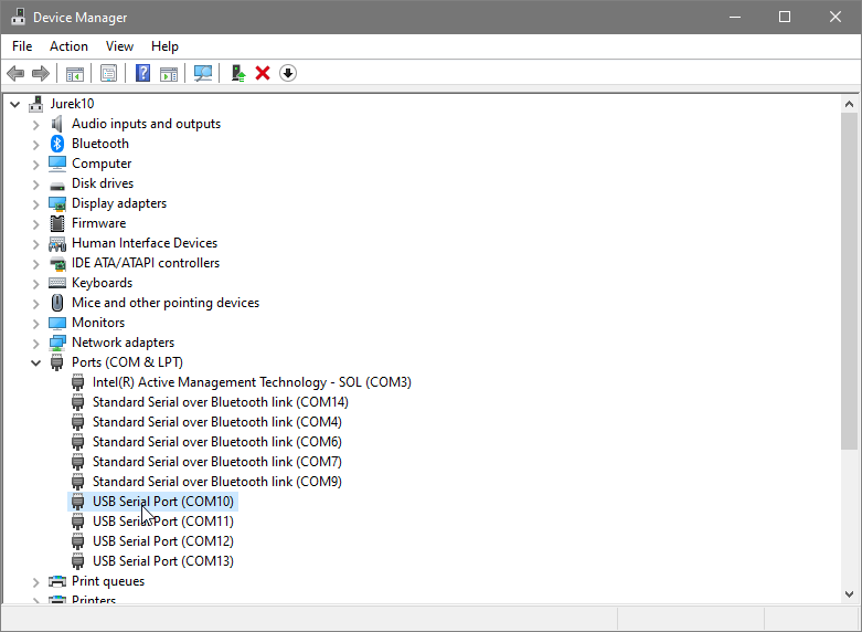 Device Manager showing the FTDI USB Serial Port under Ports COM and LPT