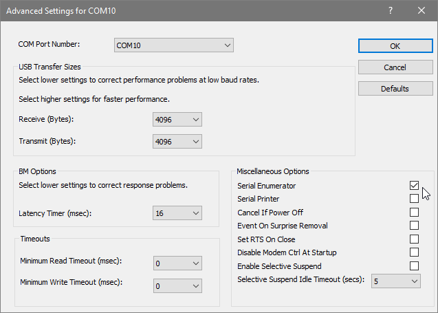 Advanced Settings window showing the Serial Enumerator checkbox enabled by default