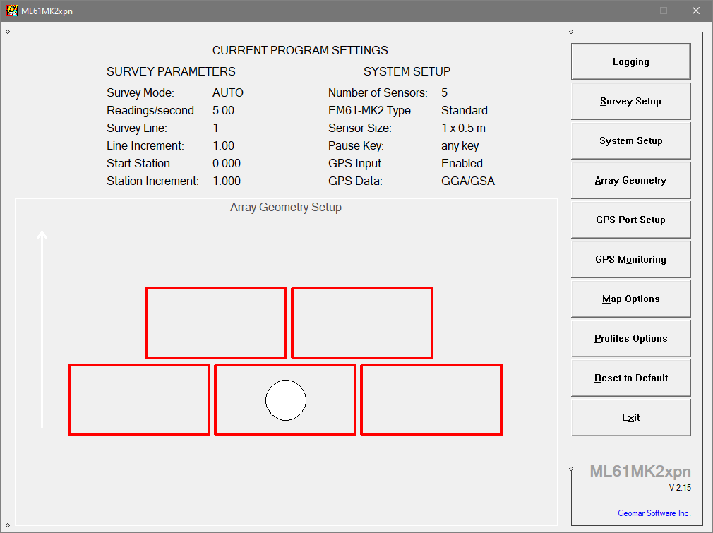ML61MK2xpn program for array of Geonics EM61-MK2 Main Screen